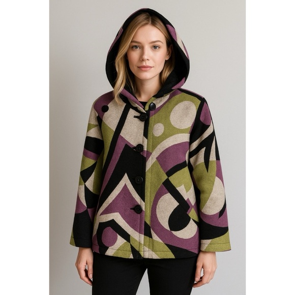 GEIGER Collections Austria Boiled Wool Hooded Coat Art Deco Swirl - Picture 1 of 14
